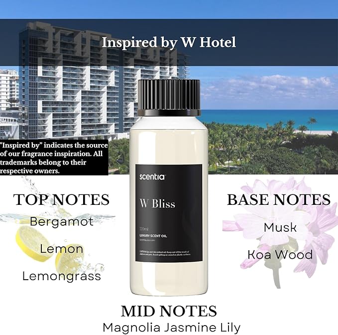 W Magic Hotel Diffuser Oil Inspired by W Signature Hotel - 50 mL 1.69 fl oz - Fragrance Oil Blend Bergamot, Lemongrass & Jasmine for Aromatherapy Diffusers and Humidifiers