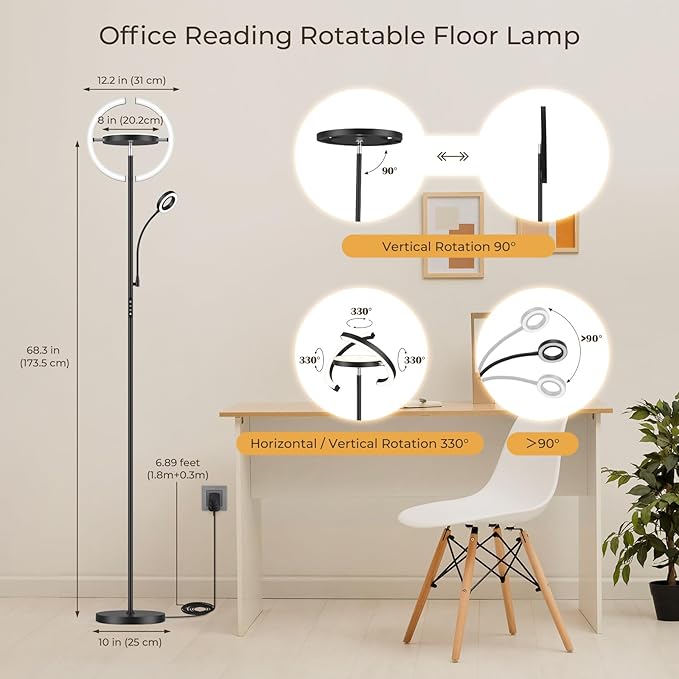FIMEI 3 in 1 Floor Lamp, Modern Bright Standing Lamp with Split Rotatable Outer Ring Light and Small Reading Light, 4 Color Temperature and Dimmable, 3-Way Independent Control for Living Room Office