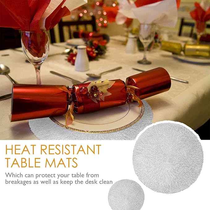 GIVERARE Placemats Set of 4, Round Heat-Resistant Vinyl Placemat, 15 inch Non-Slip Washable PVC Table Mat, Easy to Clean Premium Plastic Mats for Dining, Kitchen Table (Bright Silver)