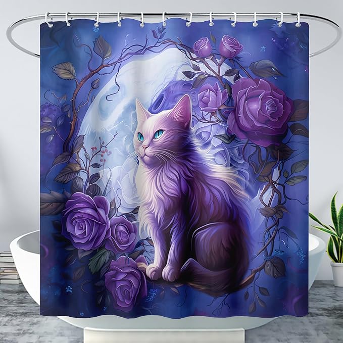 AILONEN 3D Cute Cat Shower Curtain Set, Purple Oil Rose Waterproof Fabric Shower Curtain for Kids Boys Girls,Cat Lovers Animal Design Shower Curtain for Bathroom with Hooks,36" W*72" H