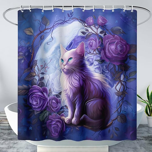 AILONEN 3D Cute Cat Shower Curtain Set, Purple Oil Rose Waterproof Fabric Shower Curtain for Kids Boys Girls,Cat Lovers Animal Design Shower Curtain for Bathroom with Hooks,72" W*78" H