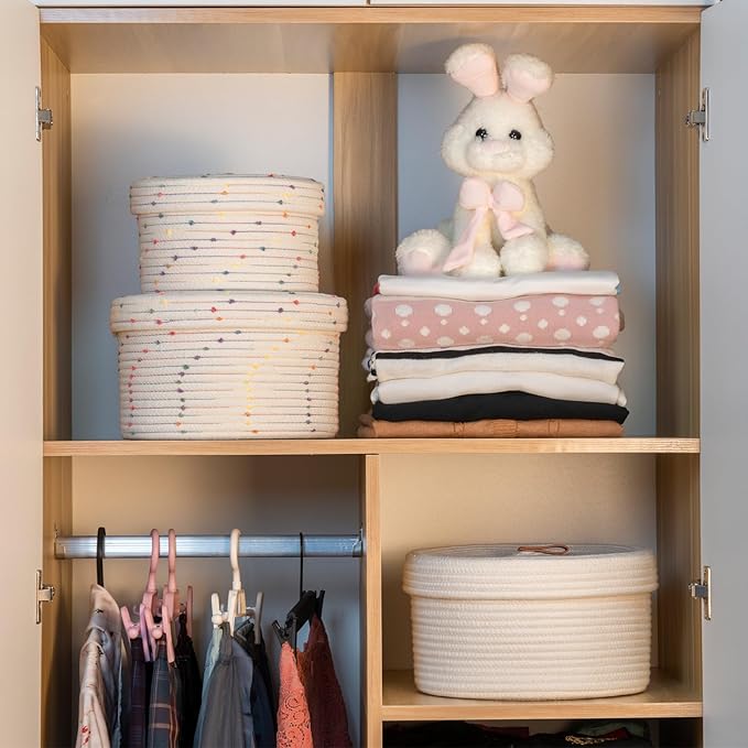 Cotton Basket Set of 2, Round, White, with Genuine Leather Handles, Lidded Storage Baskets for Organizing