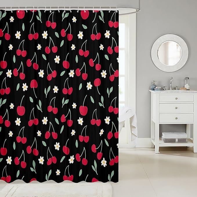 Feelyou Cherry Shower Curtain Fruits Fabric Shower Curtain for Kids Boys Girls Floral Flowers Bathroom Waterproof Accessories with 12 Hooks Black and Red Curtains,72X84 Inches