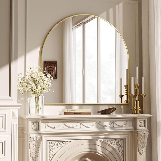Arched Wall Mirror, 31 x 32 inch Arch Bathroom Mirror, Wall Mounted Vanity Mirror with Arch Metal Frame, Modern Bathroom Vanity Mirror for Bedroom, Living Room, Hanging or Leaning, Gold
