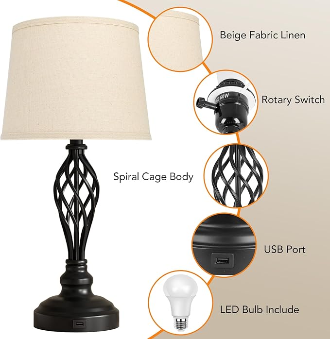 PARTPHONER Set of 2 Table Lamps with USB Port, Farmhouse Bedside Lamps with 3-Color Temperature, Nightstand Lamp Large Cream Drum Shade Spiral Cage Base Desk Lamps for Living Room, Home Bedroom