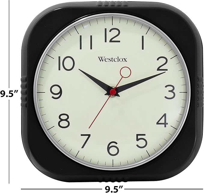 Westclox 1950s Retro Wall Clock – Bold 9.5" Display & Quiet Ticking | Mid-Century Decor for Kitchen & Living Room | Black/Square