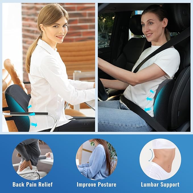 Lumbar Support Pillow for Office Chair Car Seat Cushion for Lower Back Sciatica Pain Relief Firm Memory Foam Pillows Wedge Chairs Cushions with Dual Straps (Mesh Black)