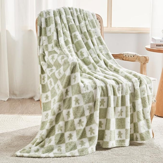 EMME Checkered Blanket Twin Size - 60"x80" Green Knit Blanket Soft Fluffy Patterned Throw Blankets for Couch, Sofa, Chair, Bed, Camping, Picnic, Travel