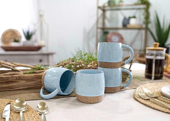 Elanze Designs Speckled Raw Bottom 17 ounce Ceramic Mugs Pack of 4, Ice Blue
