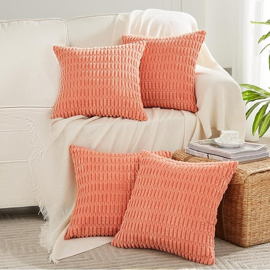 Fancy Homi 4 Packs Boho Coral Decorative Throw Pillow Covers 20x20 Inch for Living Room Couch Bed Sofa, Rustic Modern Farmhouse Home Decor, Soft Plush Corduroy Square Peach Cute Cushion Case 50x50 cm