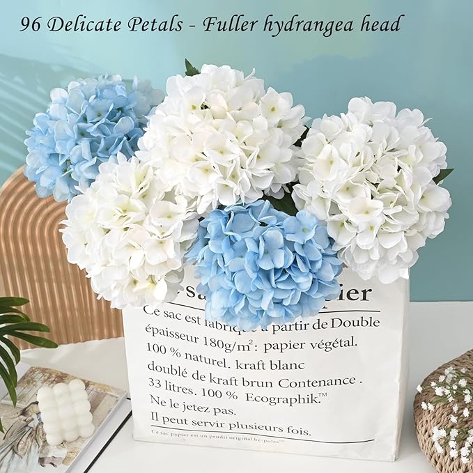 BLEUM CADE 4 Pcs Hydrangea Artificial Flowers with Realistic Stems, 18In Large Fake Flowers, Faux Flower for Home Party Decor Outdoor Wedding Bouquets Table Centerpieces Decoration, White Blue