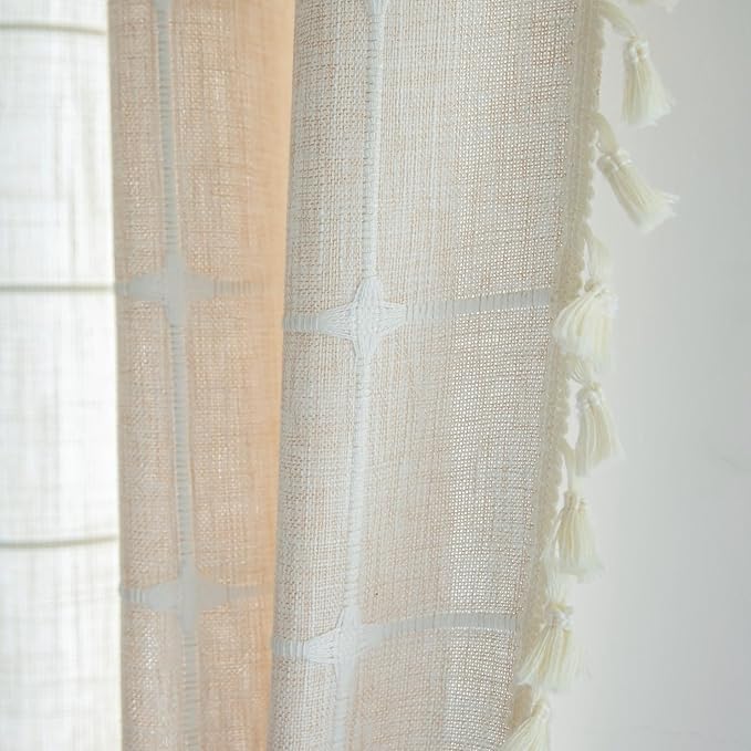 Sutuo Home Boho Curtains for Living Dining Room Bedroom 96 Inch Length, Light-filtering Vintage Chic Tassels Farmhouse Linen Window Treatment Bohemian Drape, 1 Panel 52" W x 96" L, Light Coffee Plaids
