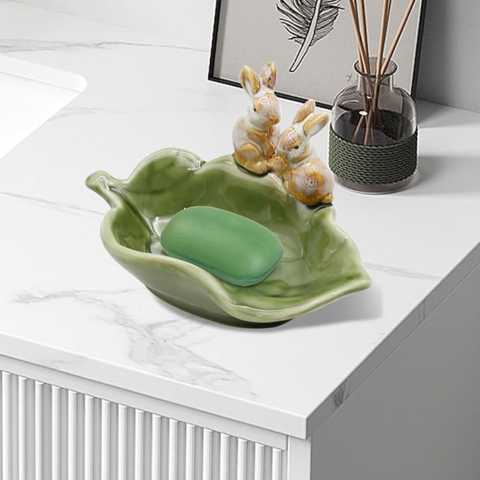Rabbit Ceramic Soap Dish, Decorative Bunny Soap Plate, Key Bowl Jewelry Dish, Green