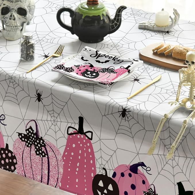 Horaldaily Halloween Tablecloth 70×70 Inch Round, Jack-O-Lantern Pumpkin Cobweb Scary Themed Pink Washable Table Cover for Party Picnic Dinner Decor