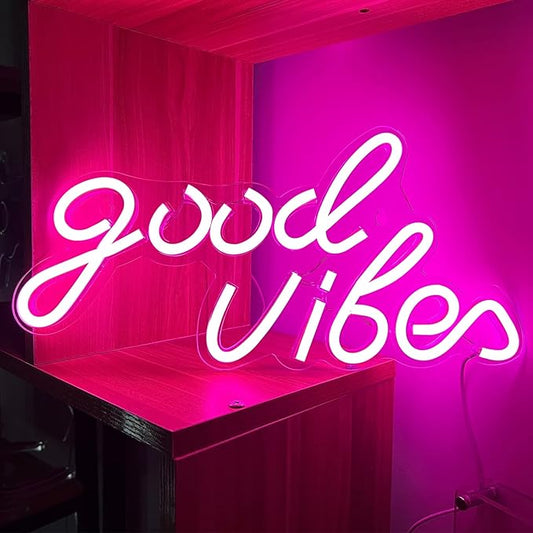 Good Vibes Neon Sign, LED Neon Signs for Wall Decor, Pink Neon Lights for Bedroom & Party Art Decor, USB Powered Bright Neon Light for Lover, Friends