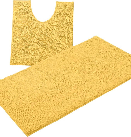 Bathroom Rugs Sets 2 Piece, Luxury Chenille Bath Mat Set, Soft Plush Anti-Slip Bath Rug + U-Shaped Toilet Mat. Microfiber Shaggy Carpet, Super Absorbent (24” x 36” & 20” x 24” U, Yellow)