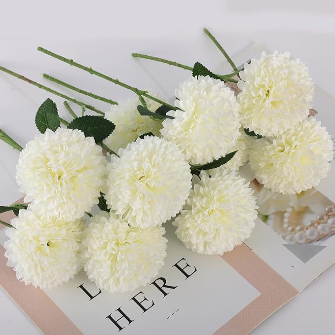 Hananona 24 Pcs Artificial Chrysanthemums Flowers Ball White Flower Bulk, Fake Mums Flowers Silk Plants for Home Decor Indoor Floral Arrangement Table Centerpiece (24, White)