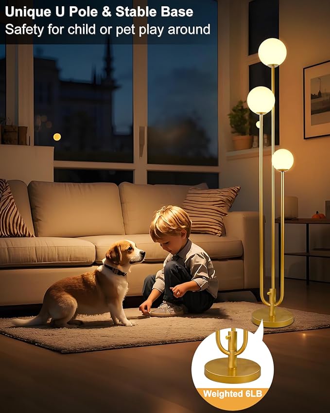 63IN 3-Light Dimmable Floor Lamp, Unique Tall Standing Lamps with 3 Gold Poles and 3000K G9 Bulbs for Reading, Mid Century Modern Floor Lamp for Living Room Bedroom Home Office