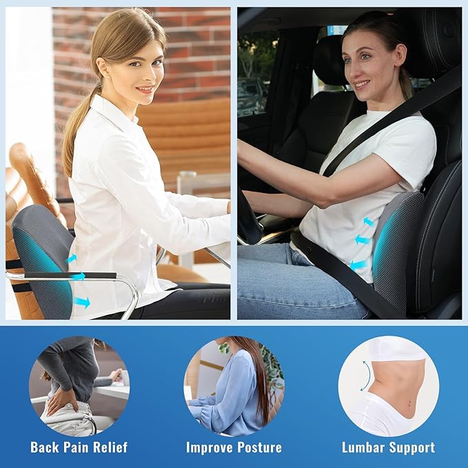 Lumbar Support Pillow for Office Chair Car Seat Cushion for Lower Back Sciatica Pain Relief Firm Memory Foam Pillows Wedge Chairs Cushions with Dual Straps (Mesh Grey)