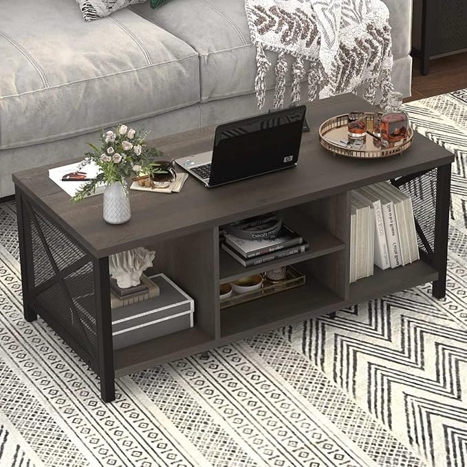 FATORRI Rustic Coffee Table for Living Room, Farmhouse Dark Wood Center Table, Industrial Rectangle Cocktail Tea Tables (Walnut Brown)
