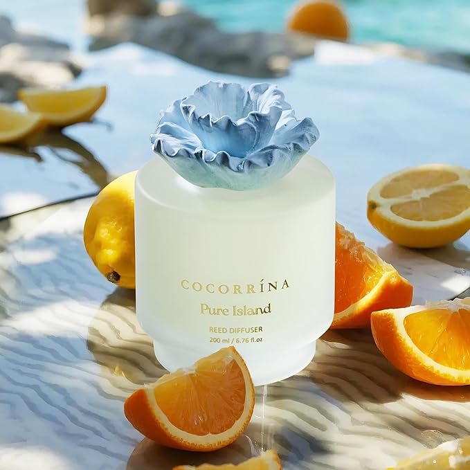 Cocorrina Gypsum Flower Reed Diffuser Set for Bathroom Décor – Pure Island Scent, 6.76 oz with Sticks & Oil – Home Fragrance for Bathroom & Living Space