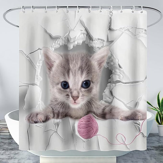 AILONEN 3D Kawaii Cat Shower Curtain, Beautiful Fuzzy Ball Kitten Shower Curtain for Kids Girls Boys Bathroom Decor,Cute Pet Animal Cat Lover Waterproof Shower Curtains Sets with Hooks,60" W*72" H