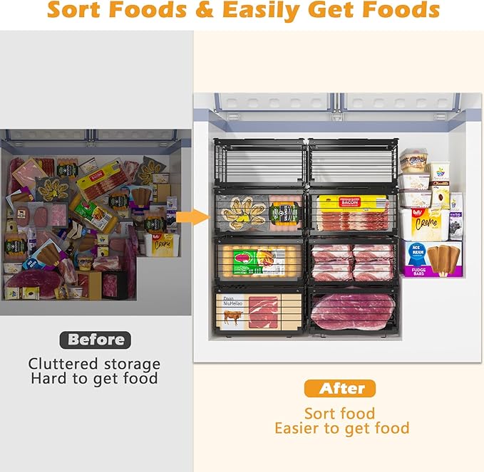 NADAMOO Freezer Organizer Bins, 2 Pack Large Expandable Stackable Chest Freezer Containers with Handle, Metal Adjustable Storage Baskets for Fridge, Deep Freezer, Cabinet, Kitchen, Pantry - Black