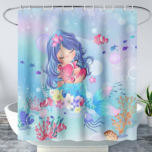 AILONEN Beautiful Mermaid Shower Curtain,Cute Mermaid Bath Curtain for Girls Teens,Ocean Curtain,Cartoon Fish Print Blue Waterproof Curtain for Bathroom Decor, 48" W x 72" H