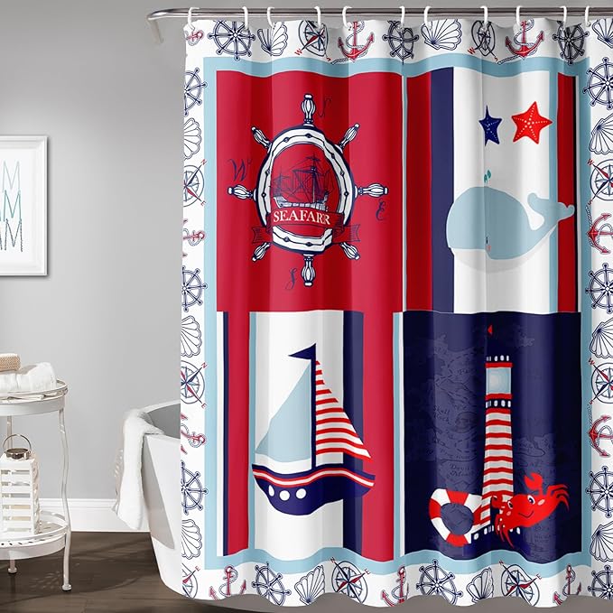 AILONEN Ocean Voyage Shower Curtain 48" W*72" H Coast Whale Lighthouse Rudder Ocean Animal Theme Bathroom Curtain,Teen Men Boys Curtain Polyester Waterproof Seafarer Bathroom Curtain with 12 Hooks