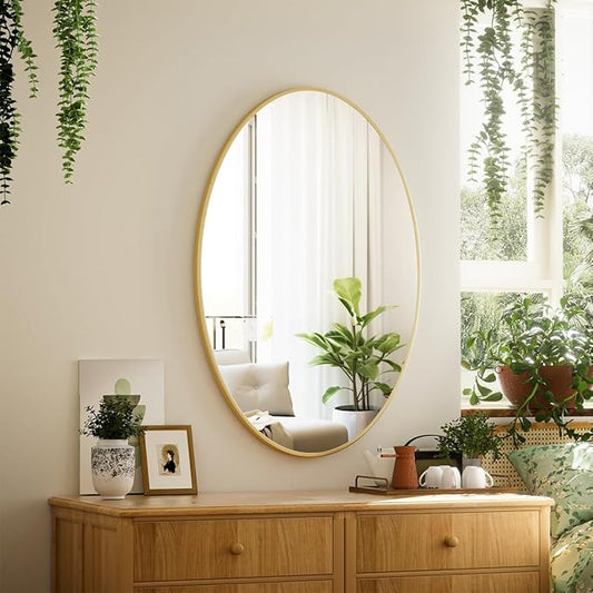 Gold Oval Bathroom Mirror, 20 x 28 inch Modern Oval Wall Mounted Vanity Mirror with Tempered Glass Hanging Horizontally or Vertically, Gold