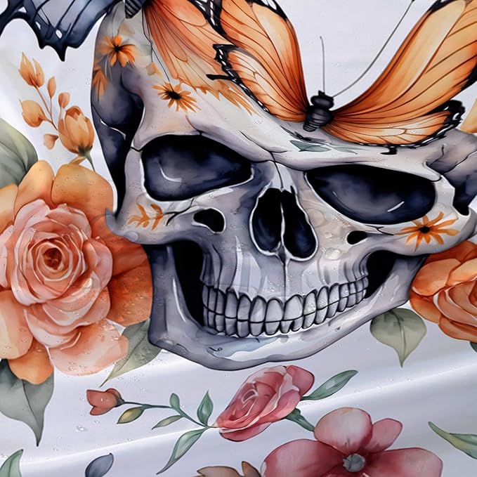 AILONEN 3D Sugar Skull Shower Curtain,Sunflower with Skeleton Design Shower Curtain Set with Hooks for Boys Girls,Butterfly Gothic Skull Waterproof Fabric Shower Curtain for Bathroom,72" W*72" H