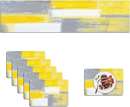 Mcalk Yellow Table Runner and Placemats Set of 6 Pieces, Modern Grey Placemats, Abstract Cloth Place Mats Indoor for Kitchen,Washable Linen Material for Dining Table