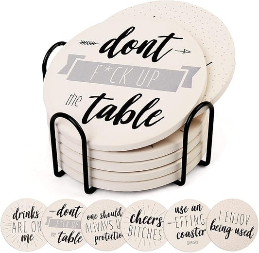 LotFancy 6PCS Ceramic Coasters with Cork Base, Round Coasters with 6 Humorous Sayings, Non-Slip, Bar Room Decor, Housewarming Gift