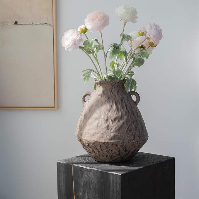 Ceramic Rustic Farmhouse Flower Vase with 2 Handles, 10.6 Inch Tan Brown Vintage Clay Terracotta Pottery Texture Handmade Vase,Wabi Sabi Home Living Room Table Decor,Gift for Women Girls