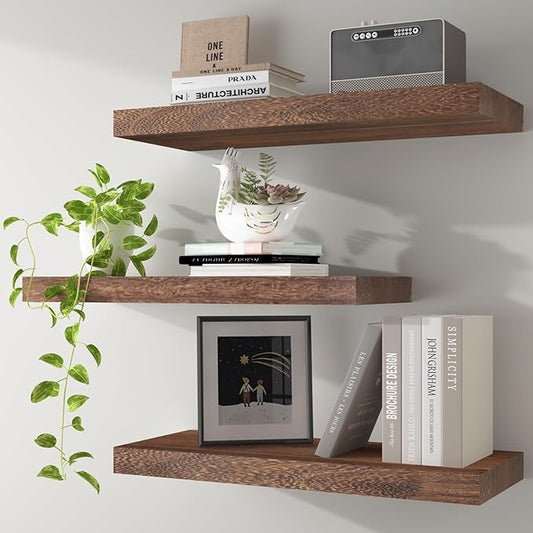 Floating Shelves Wall Shelf Solid Wood Mounted Storage for Bedroom Living Room Set of 3, Rustic Brown Wall Shelves