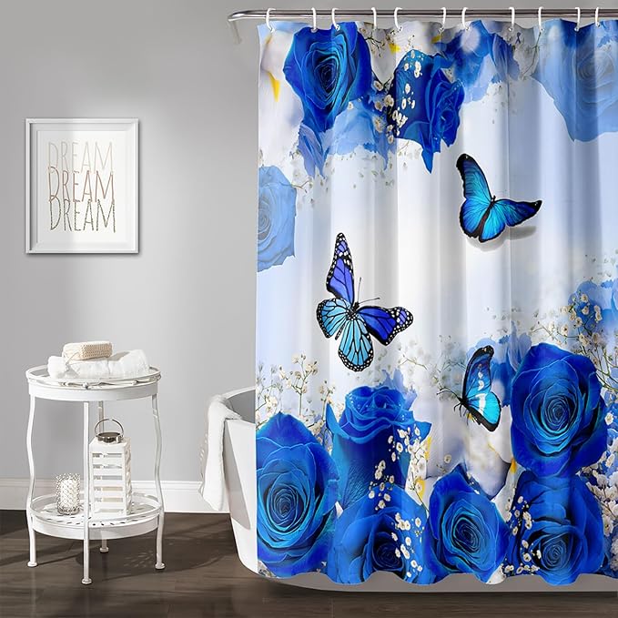AILONEN Butterfly Shower Curtain for Girl Women,Blue Rose Shower Curtain Butterfly Floral Decor Bath Curtain 60" W*72" H Polyester Fabric Waterproof Bathroom Bathtub Curtain with 12 Hooks