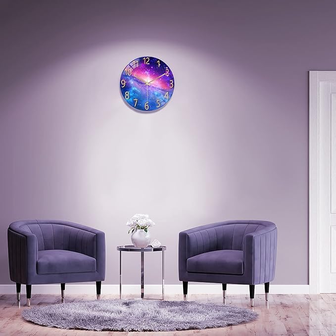 Lafocuse 12 Inch Silent Purple Wall Cloks Battery Operated for Bedroom, Cool Space Galaxy Analog Clock for Living Room Decor, Glass