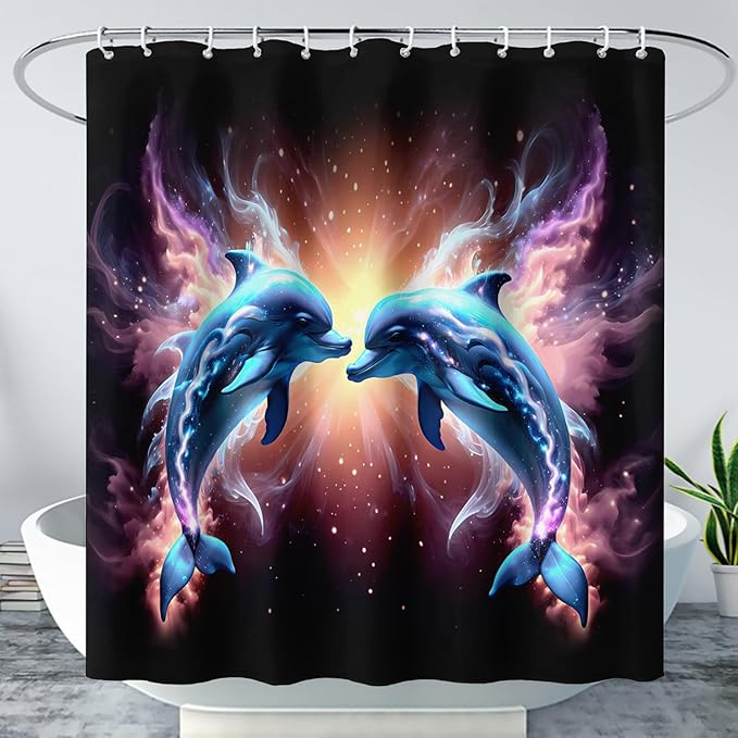 AILONEN 3D Dolphin Shower Curtain for Bathroom, Cute Kawaii Blue Ocean Dolphin Bath Curtain,Fantasy Smoky Print Black Curtain Waterproof with 12 Plastic Hooks for Boys Girls 60" W*72" H