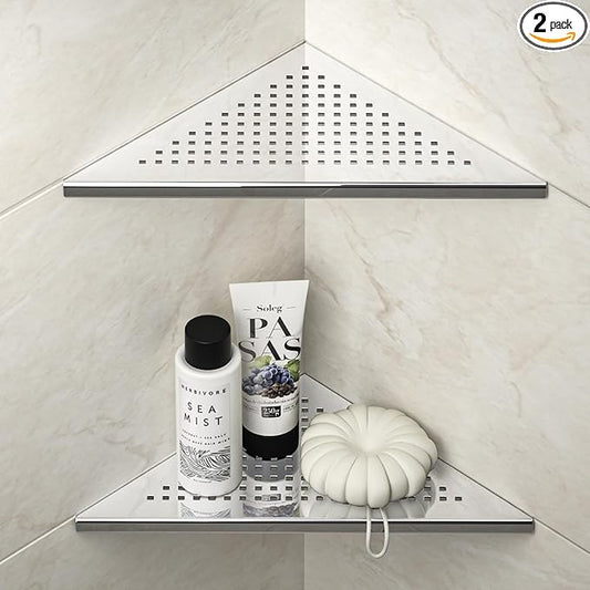 Corner Shower Shelf, 10" Polished 304 Stainless Steel Recessed Shelves for Bathroom, Grout in Shelf Racks for Tiled Wall, 2 Pack, No Drilling Needed