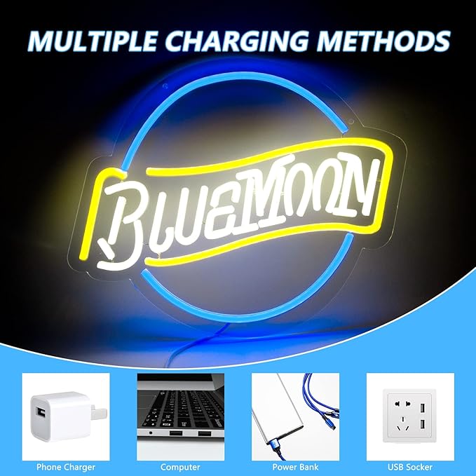 Blue Moons Neon Signs Wall Decor, Dimmable Neon Sign Colorful LED Lights for Beer Bar, Neon Light Up Signs Accessories Decorations for Man Cave Pub Game Room Aesthetic
