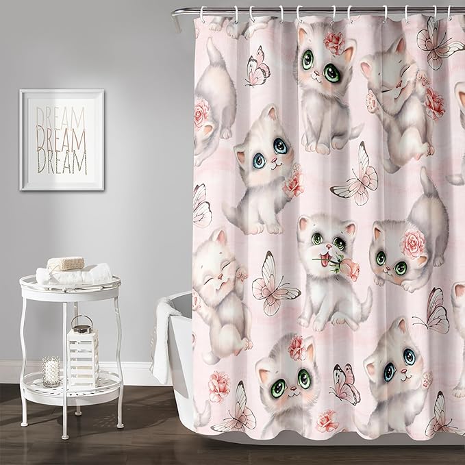 AILONEN Cat Kids Shower Curtain 72" W*84" H for Girls Teen,Kawaii Cat Butterfly Bath Curtain,Girls Pink Shower Curtain,Cat Lover Bathroom Curtain Decor Polyester Waterproof Curtain with 12 Hooks