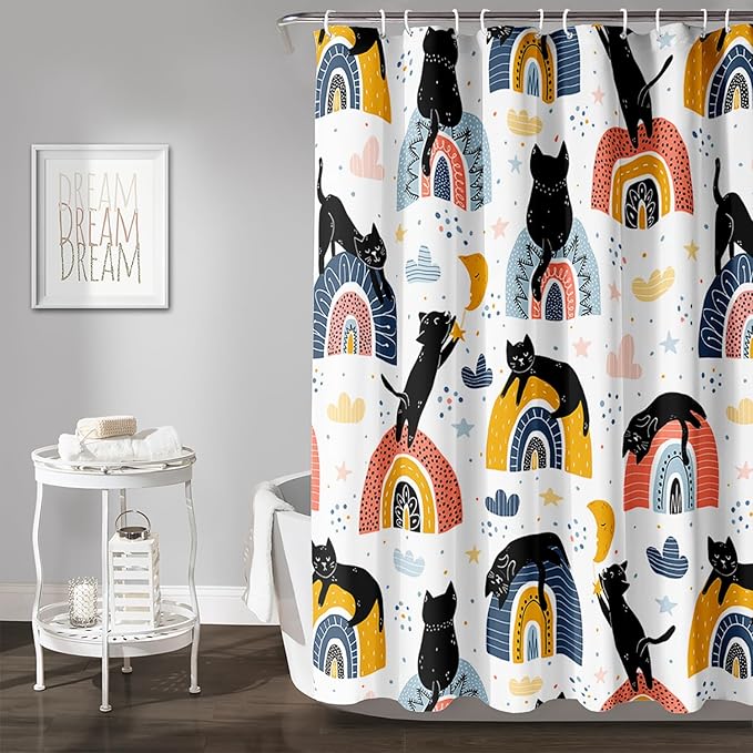 AILONEN Cat Shower Curtain, Rainbow Cat Bath Curtain,Cute Black Cat Bathroom Curtain Decor,Cat Lover Polyester Waterproof 72" W*72" H Shower Curtain (12 Hooks)