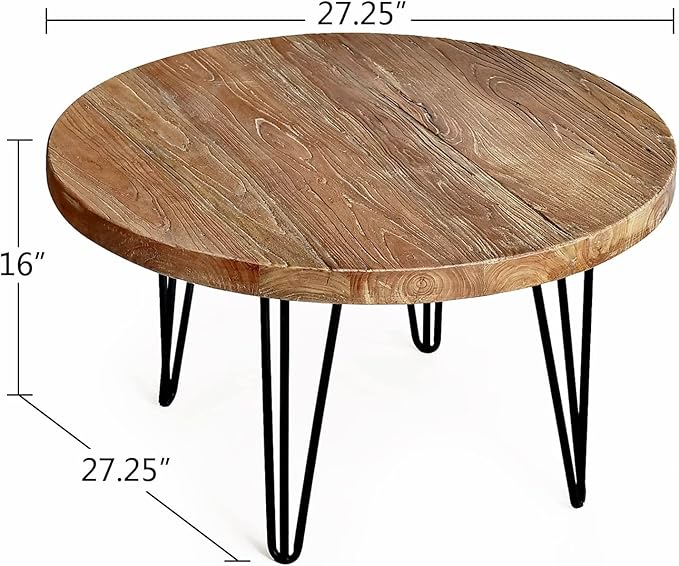 Rustic Round Old Elm Coffee Table Solid Wood Coffee Table for Living Room,27.25'' W x 27.25'' D x 16'' H