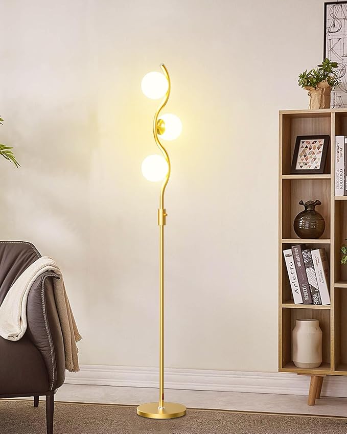 60IN Dimmable (Brightness Adjustable) Gold Floor Lamp, Modern Standing Lamps with 3 Globe Soft Warm White 3000K Bulbs, Mid Century Floor Lamp for Living Room Bedroom Home Decor
