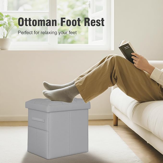 Ottoman with Storage, Ottoman Foot Rest Stool with Handles & Side Pocket. Folding Leather Storage Bench with Thicker Foam Padded Seat. Slim Tall Ottomans for Living Room 350lbs, 17x13x17in, Grey