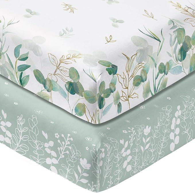 Horaldaily 2 Pack Fitted Crib Sheet for Boys Girls, Fits Standard Size Crib Mattress 28in x 52in, Soft Breathable Washable Jersey Microfiber Baby Crib Sheet, Eucalyptus Nursery Sheet Sage Green/White