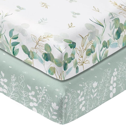 Horaldaily 2 Pack Fitted Crib Sheet for Boys Girls, Fits Standard Size Crib Mattress 28in x 52in, Soft Breathable Washable Jersey Microfiber Baby Crib Sheet, Eucalyptus Nursery Sheet Sage Green/White
