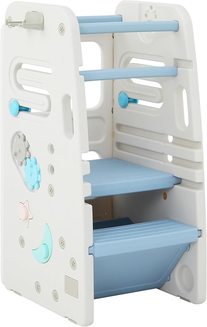 SDADI Multifunctional Toddler Tower with Double Safety Rails - Adjustable & Non-Slip for Kitchen and Bathroom Use - Montessori Step Stool for Kids, Beige and Baby Blue
