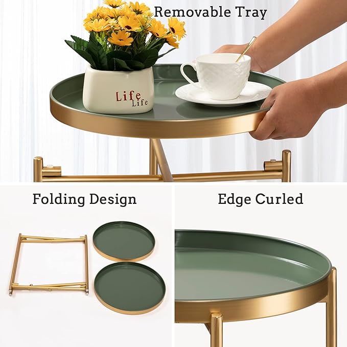 TeoKJ 2 Tier Gold Side Table, Folding Round Metal End Table Small Nightstand with Two Removable Tray for Bedroom Living Room Bedside Small Spaces Gold + Dark Green