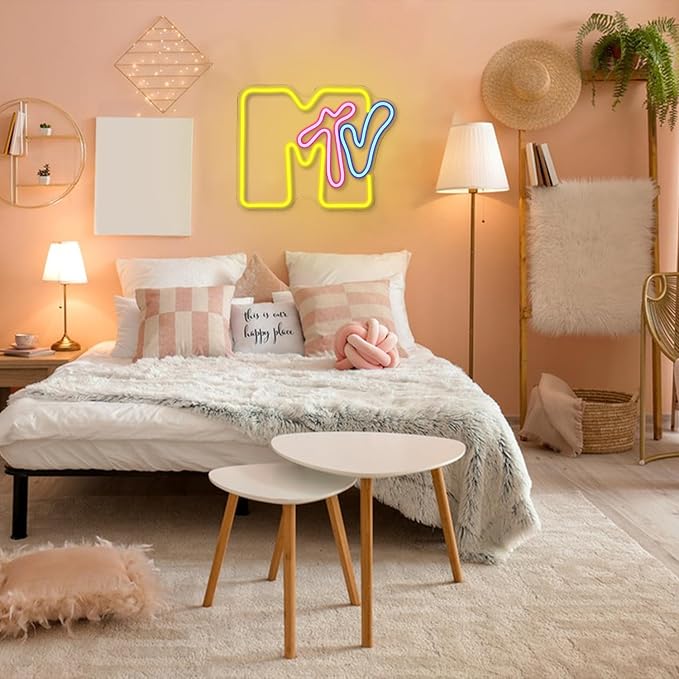 Neon Sign for Wall Decor - MTV Neon Light Up Sign Yellow LED Neon Light for Bedroom, Music Room, Record Room, Recording Studio, Bar Decoration